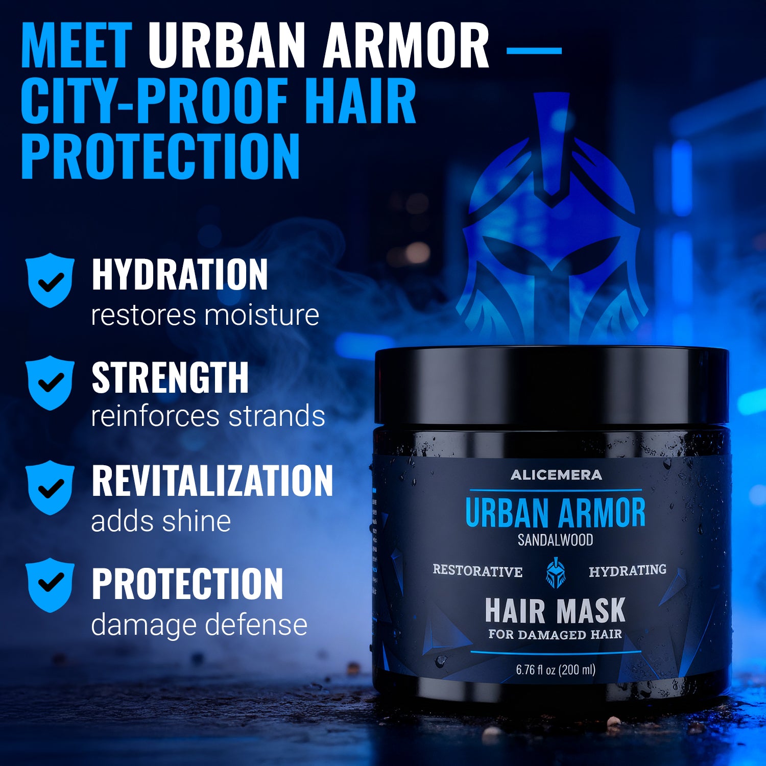 Alicemera Urban Armor hair mask with product details on a dark background