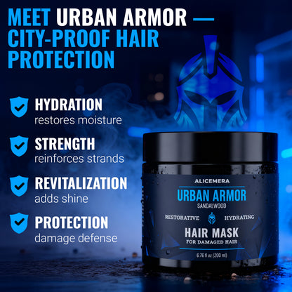 Alicemera Urban Armor hair mask with product details on a dark background