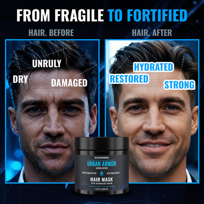 Before and after comparison of hair with a hair mask product displayed.