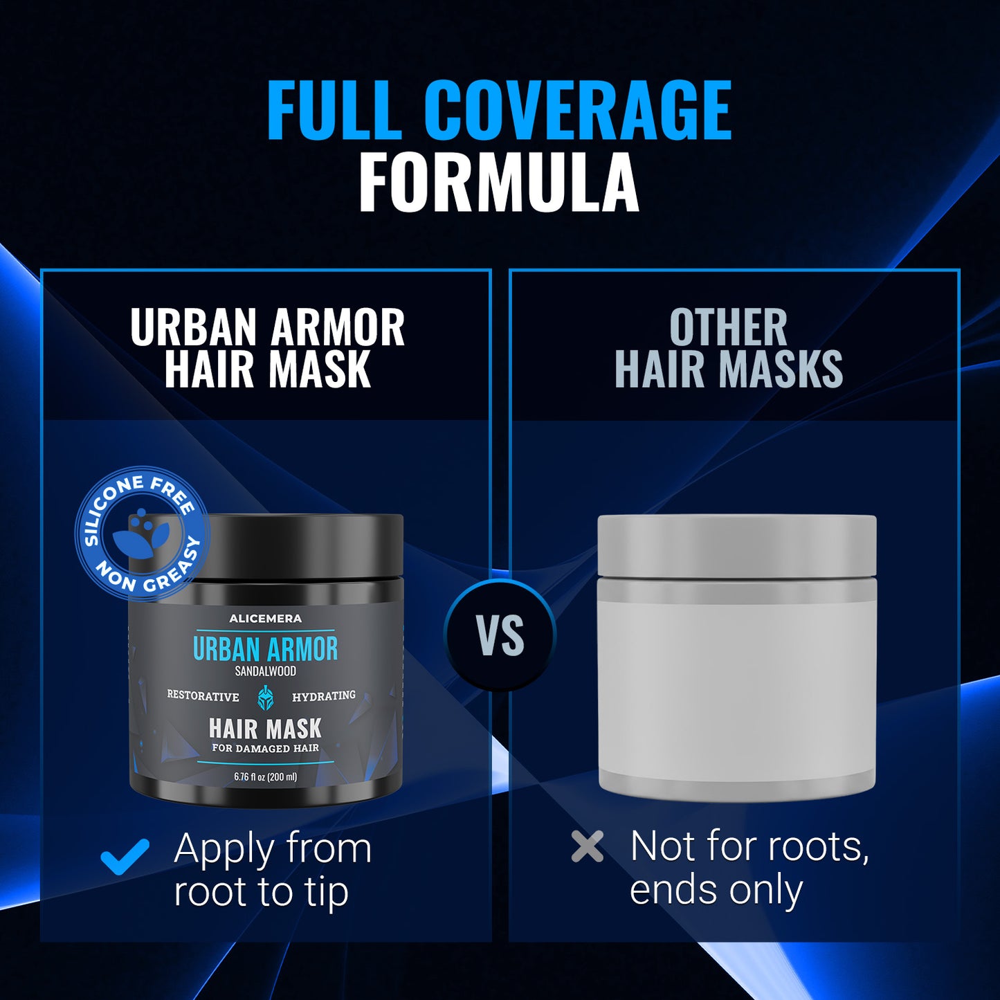 Comparison of Urban Armor Hair Mask with other hair masks on a blue and black background