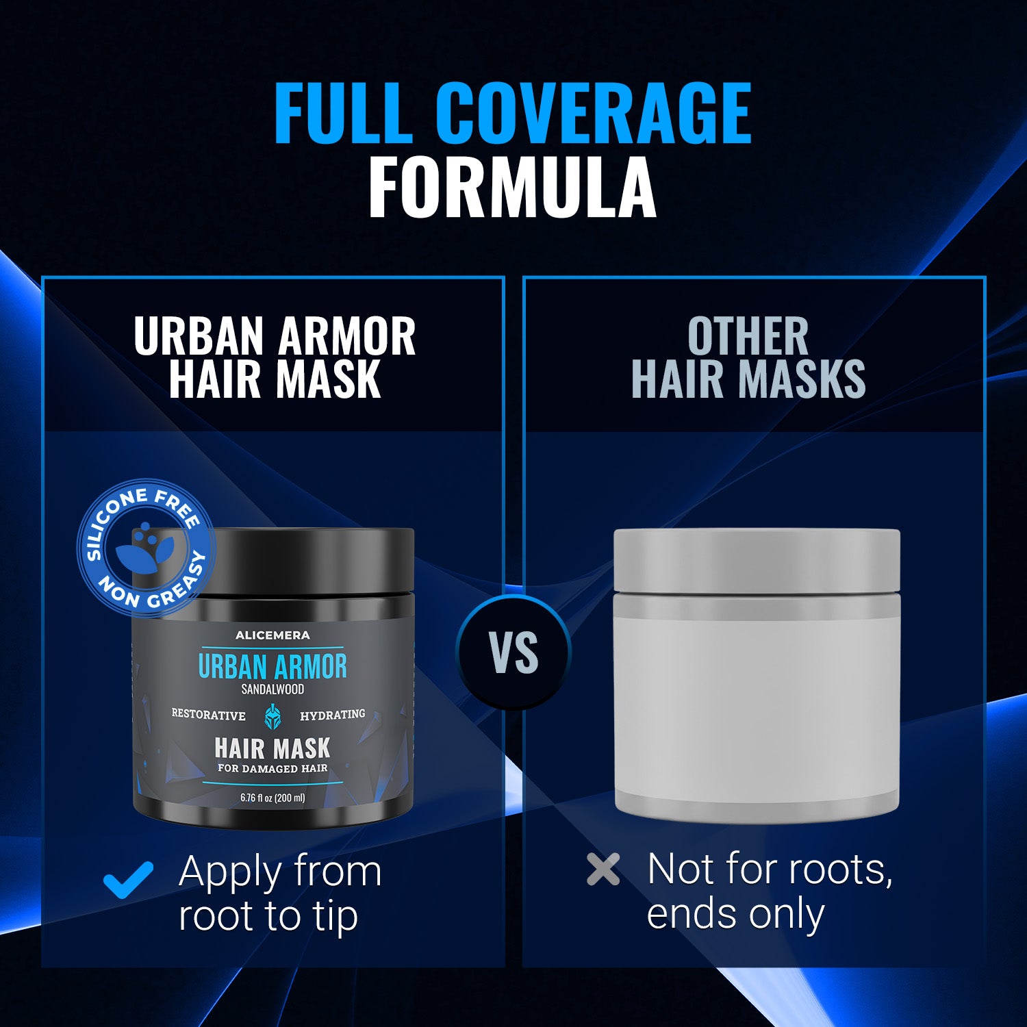 Comparison of Urban Armor Hair Mask with other hair masks on a blue and black background