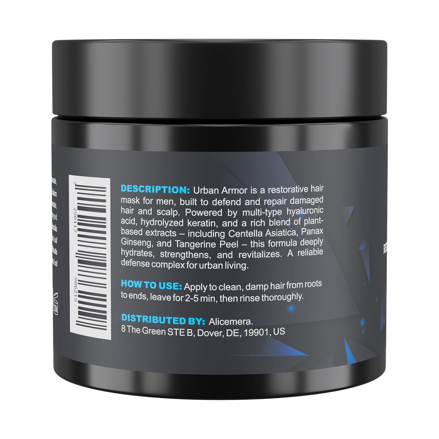 Back view of a black hair care product jar with text on a white background
