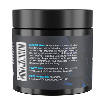 Back view of a black hair care product jar with text on a white background
