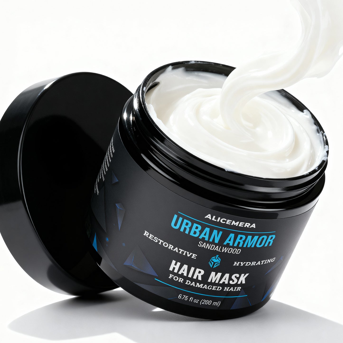 Alicemera Urban Armor hair mask jar with white cream inside on a white background