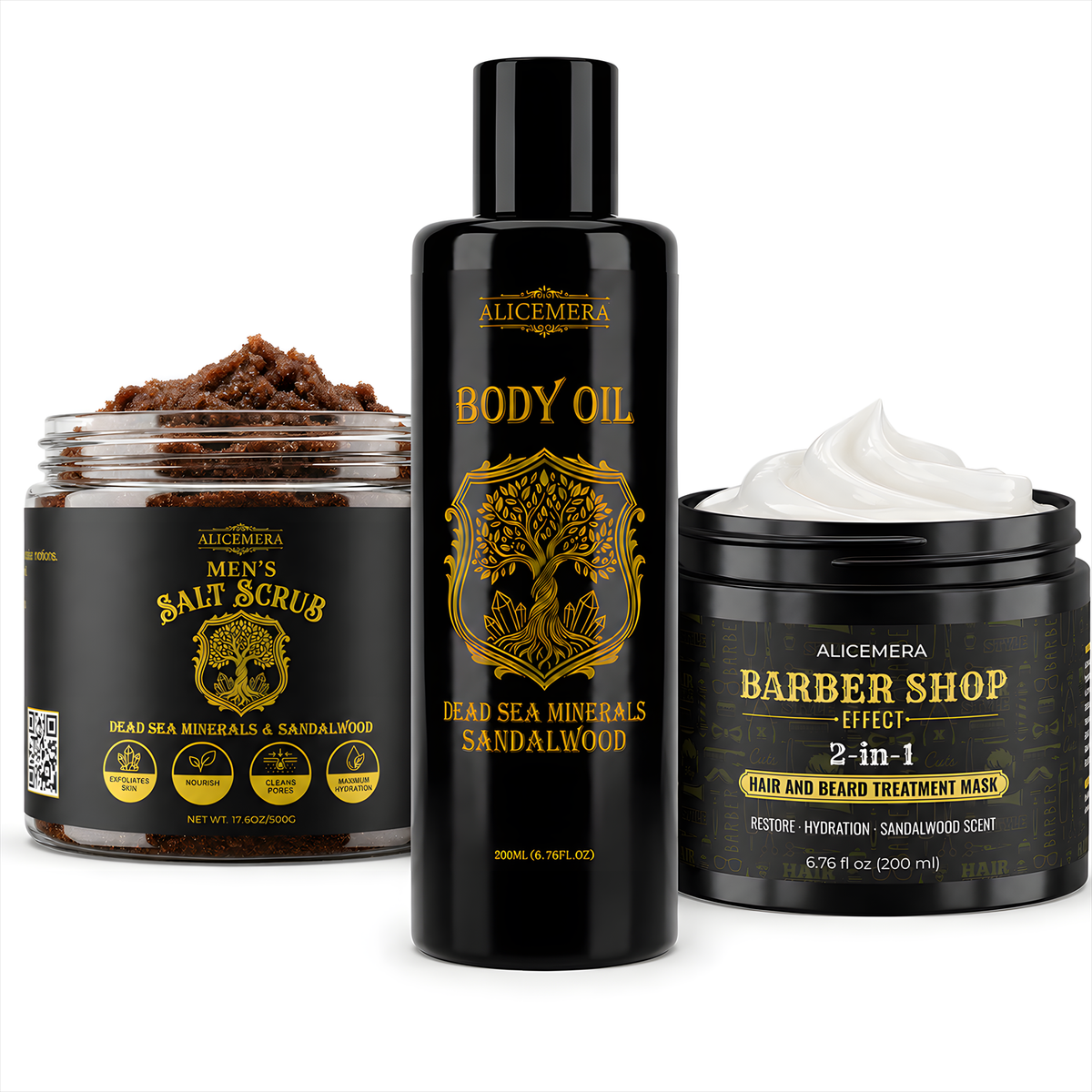 Alicemera Men’s Sandalwood Grooming Ritual with scrub, body oil, and beard mask