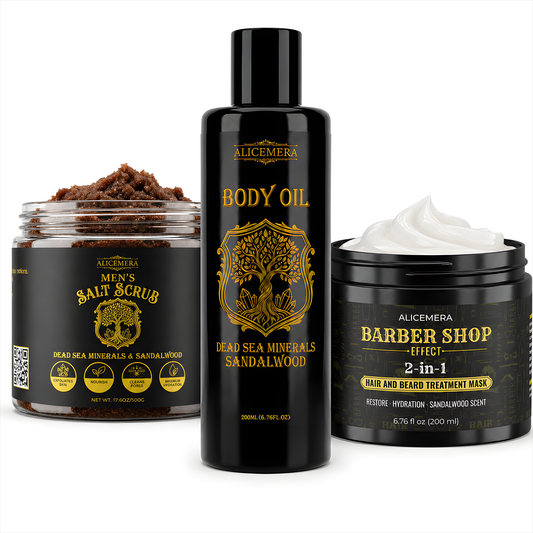 Alicemera Men’s Sandalwood Grooming Ritual with scrub, body oil, and beard mask